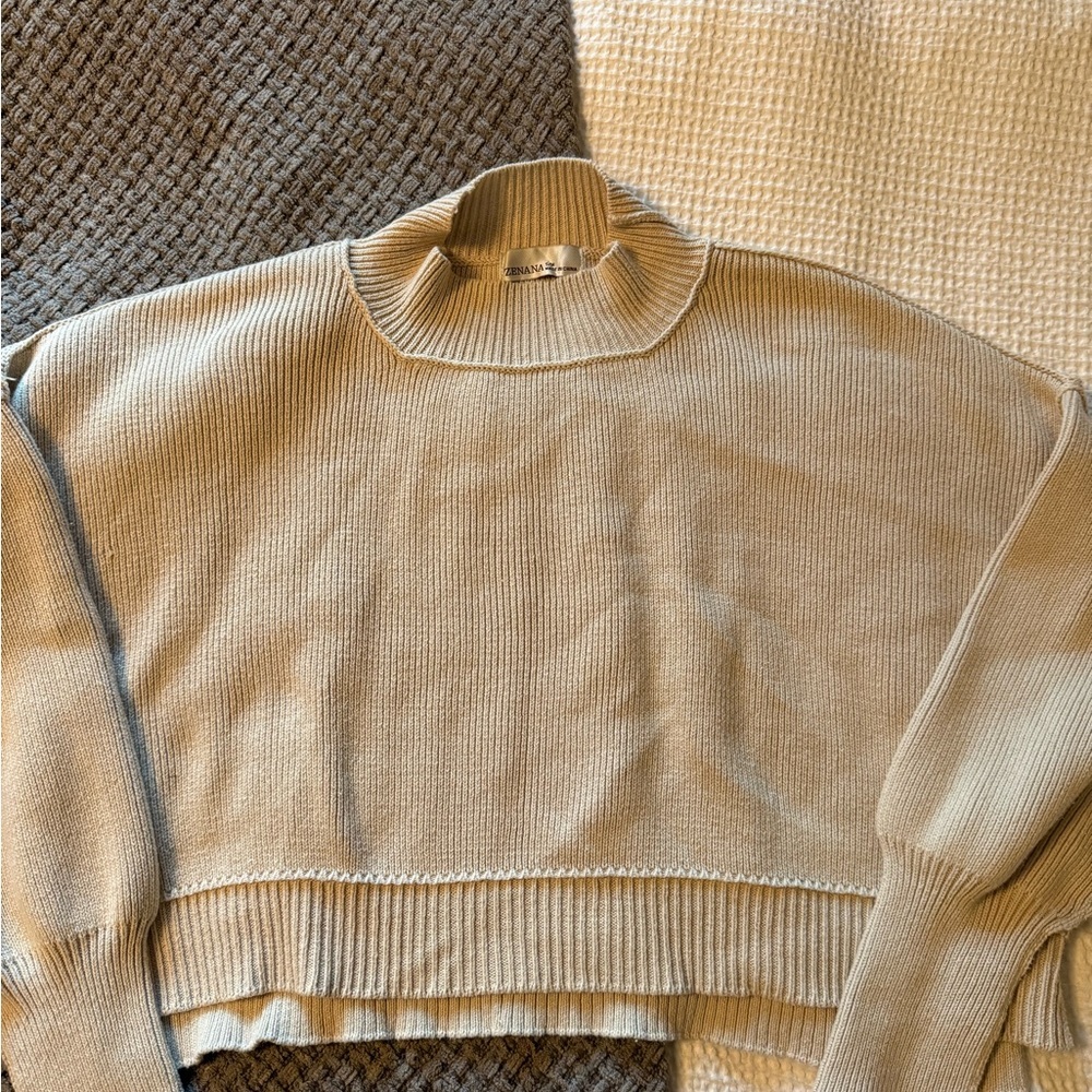 ZENANA Oversized‎ Beige Ribbed Mock Neck Sweater Size S